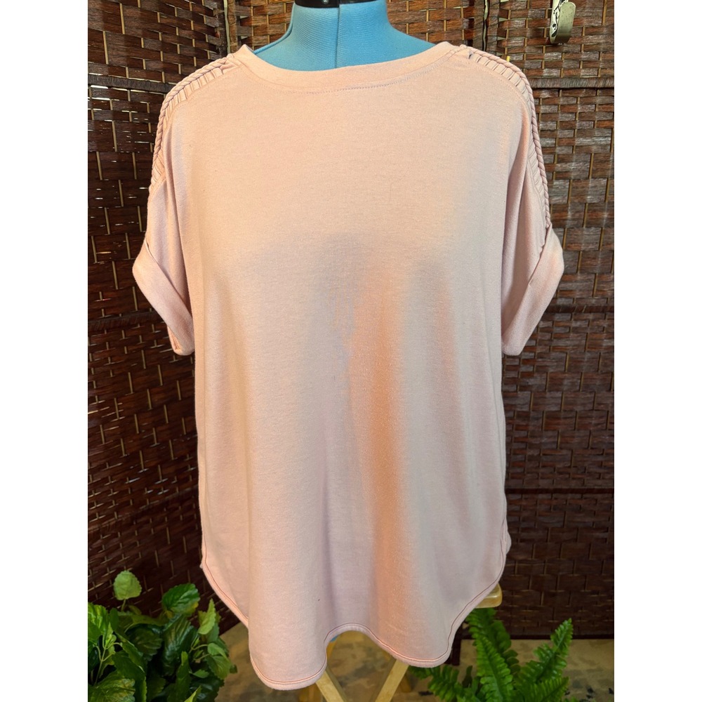Cupio Blush Pink Braided Shoulder French Terry Top Short Sleeve Crew Neck 1X
